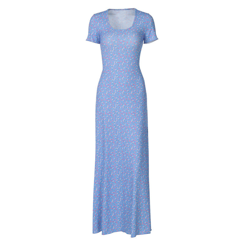 Women Summer Printed U-neck Lace-Up Short Sleeve Dress 8