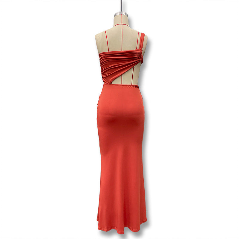 Women Summer Sexy One-shoulder Backless Strapless Solid Lace-Up Gathered Maxi Dress 22
