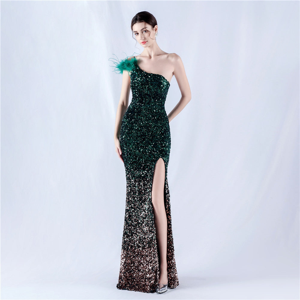 Women Gradient Velvet Bottom Beaded Ostrich Feather One Shoulder Slash Shoulder Slit Evening Dress 14
