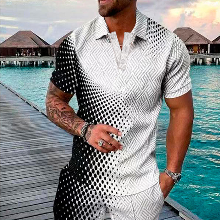 Men's Summer Fashion Casual 3D Printed Polo Shirt Turndown Collar Casual Short Sleeve 40