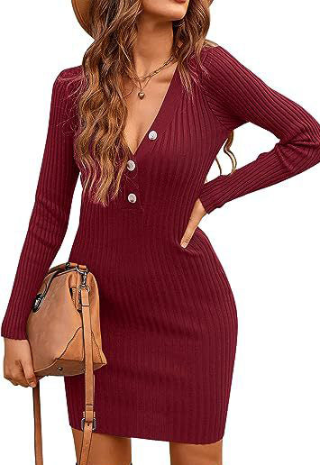 Women Knitting Fall and Winter Long Sleeve Bodycon V Neck Basic Sweater Dress 8
