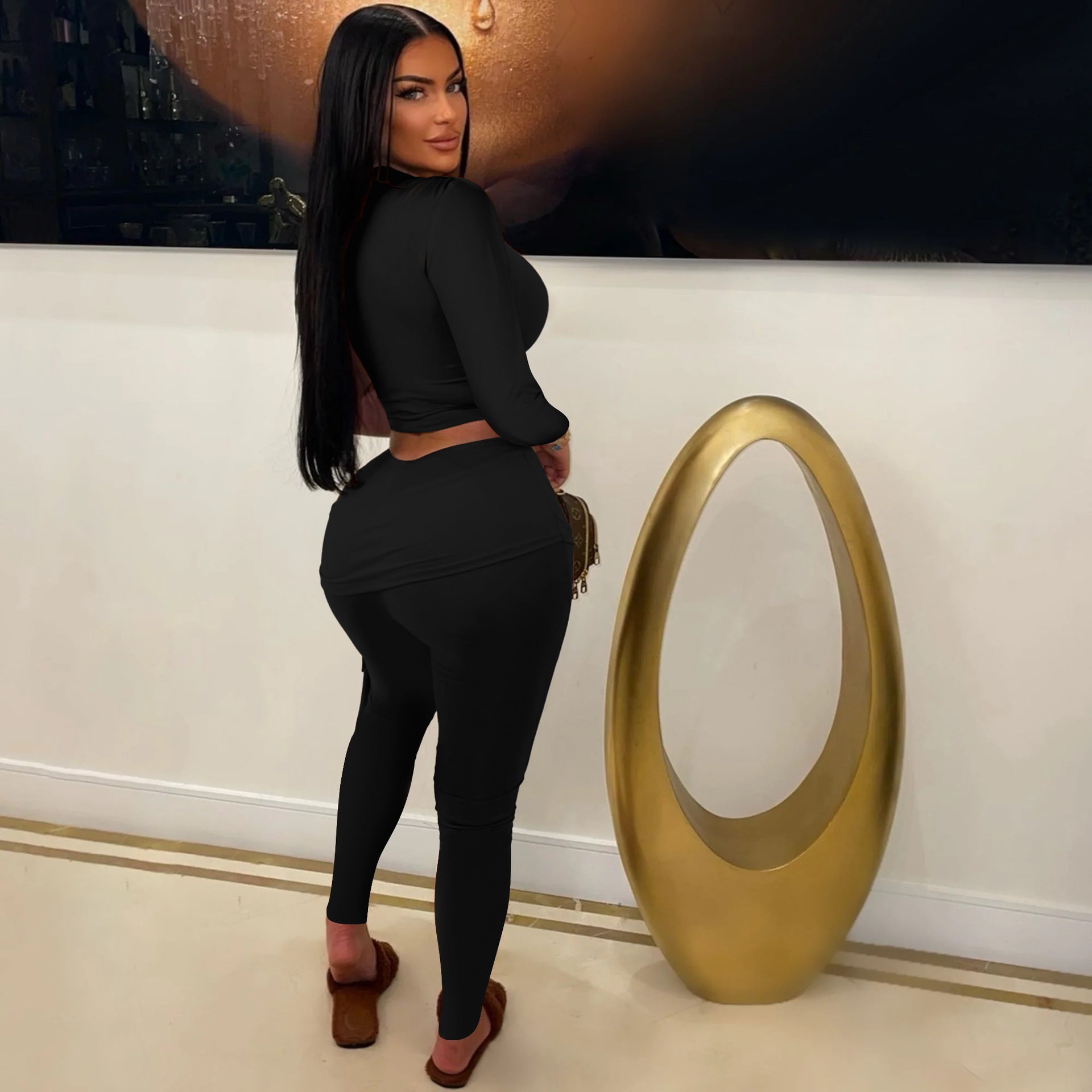 Women Sexy Single Long Sleeve Top and Long Pants Two-Piece Set 12