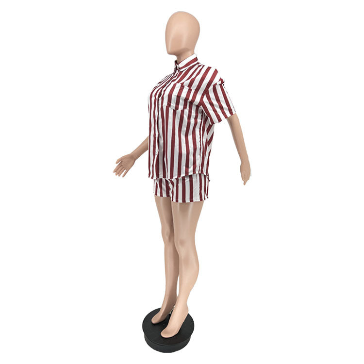 Women's Summer Fashion Stripe Print Set Loose Blouse Two Piece Set 14