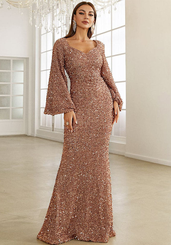 Spring Summer Fashion V Neck Bodycon Sequin Dress Mid Waist Bell Bottom Sleeve Long Evening Gown