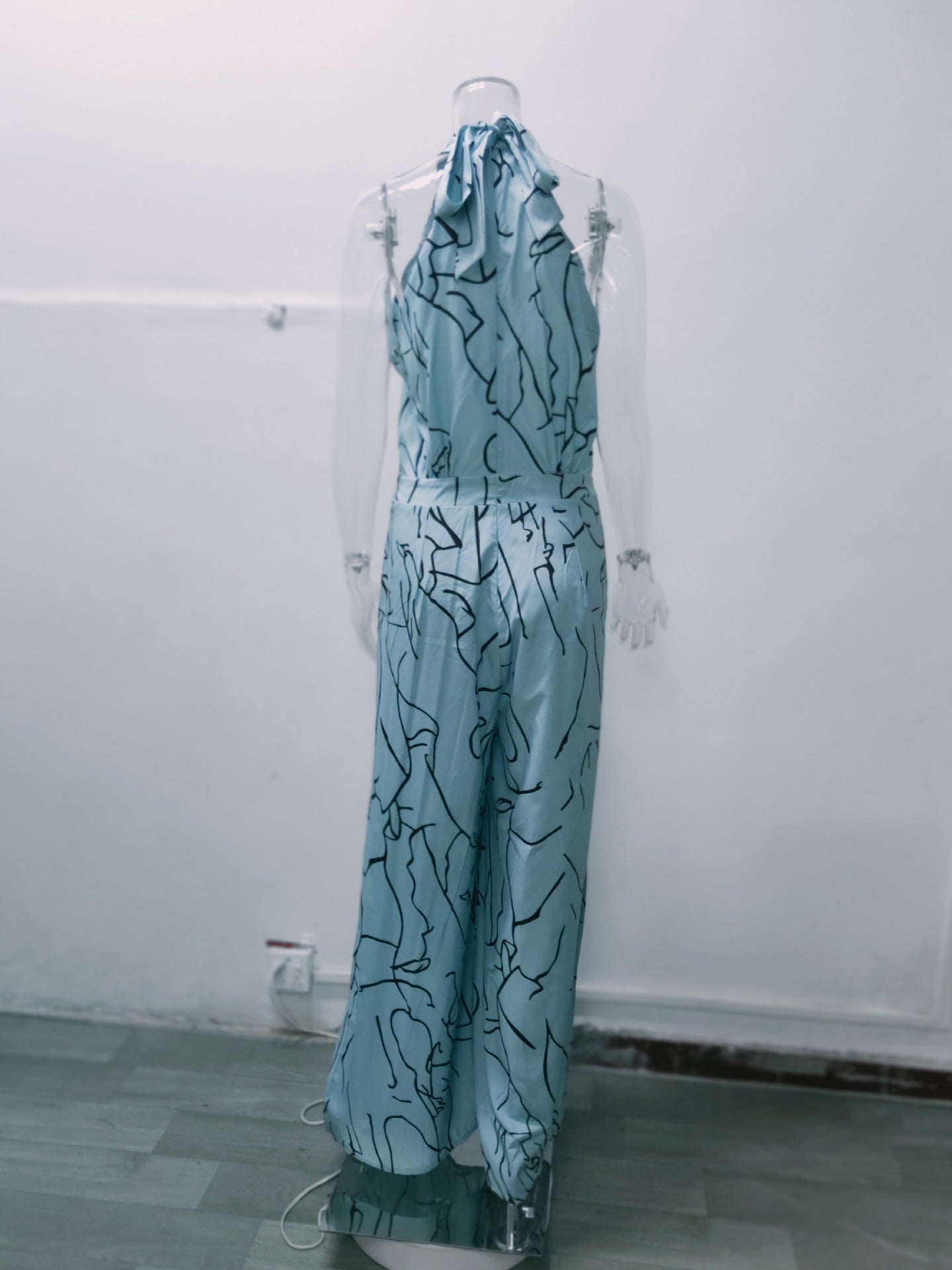 Summer Women Elegant Lace-Up Sleeveless Halter Neck Print Jumpsuit 30