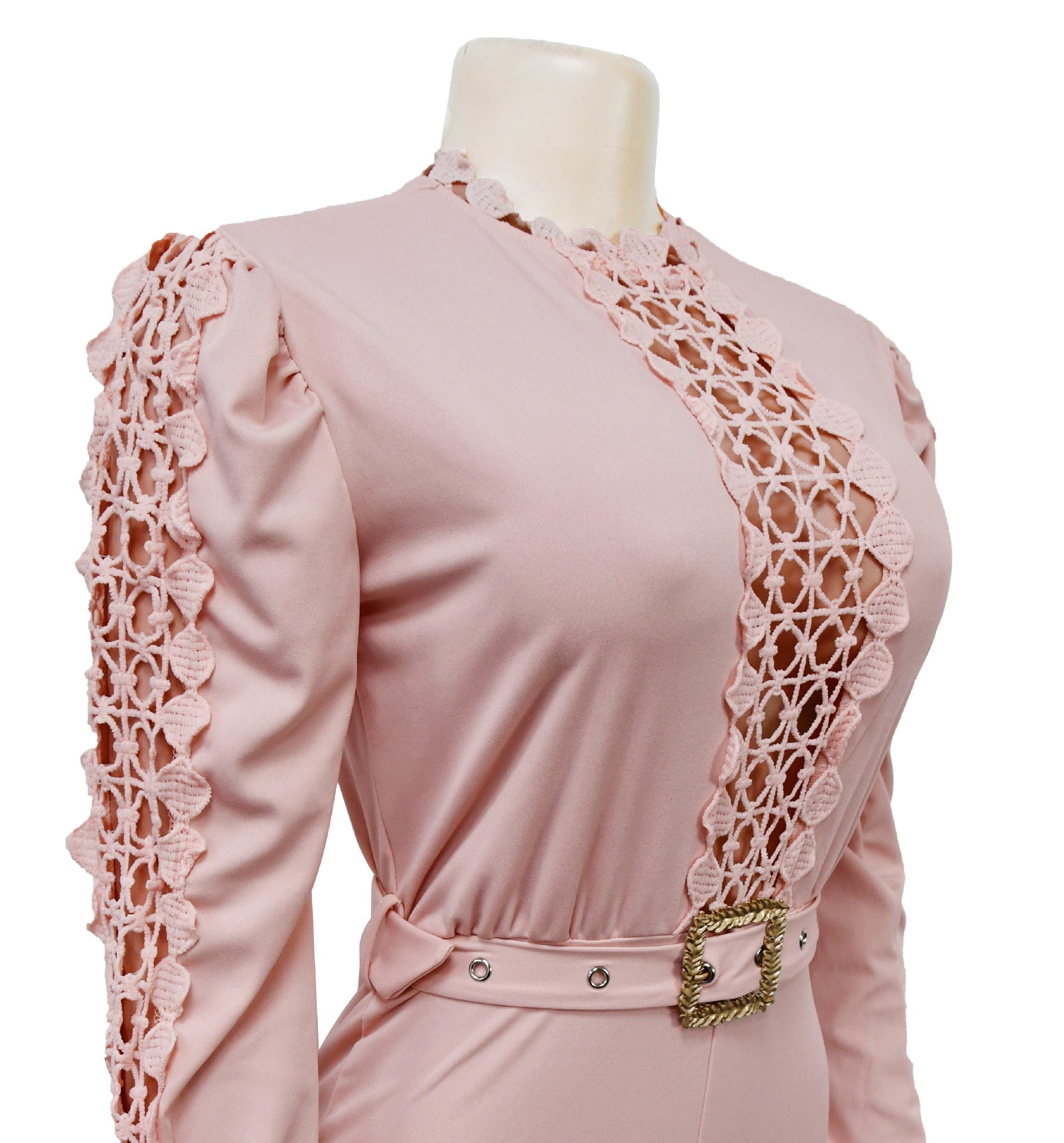 Women Belt Lace Cutout Solid Long Sleeve Jumpsuit 23