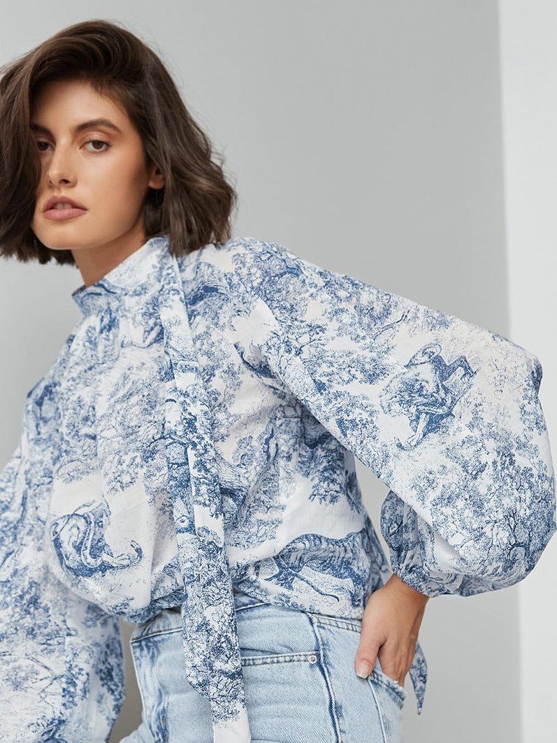 Women French loose lantern sleeves with flowing collar and printed tie shirt