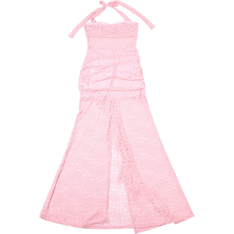 Summer Fashion Chic Elegant Lace Patchwork Halter Neck Slit Long Dress 22