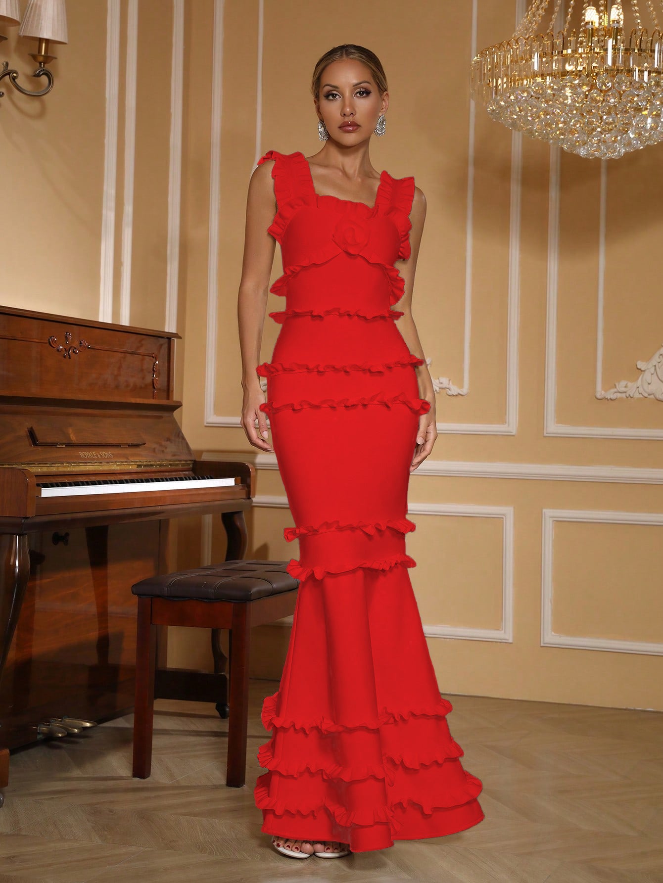 Women ruffled backless square neck bandage fishtail evening dress 9