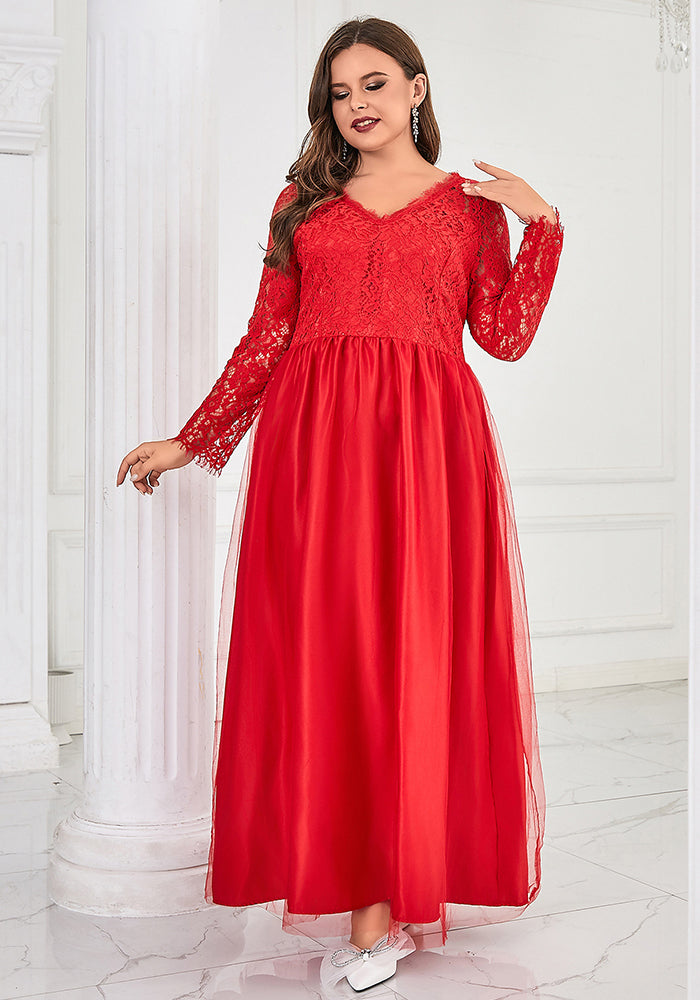 Plus Size Women Solid V-neck Long Sleeve Elegant Mesh Maxi Dress
