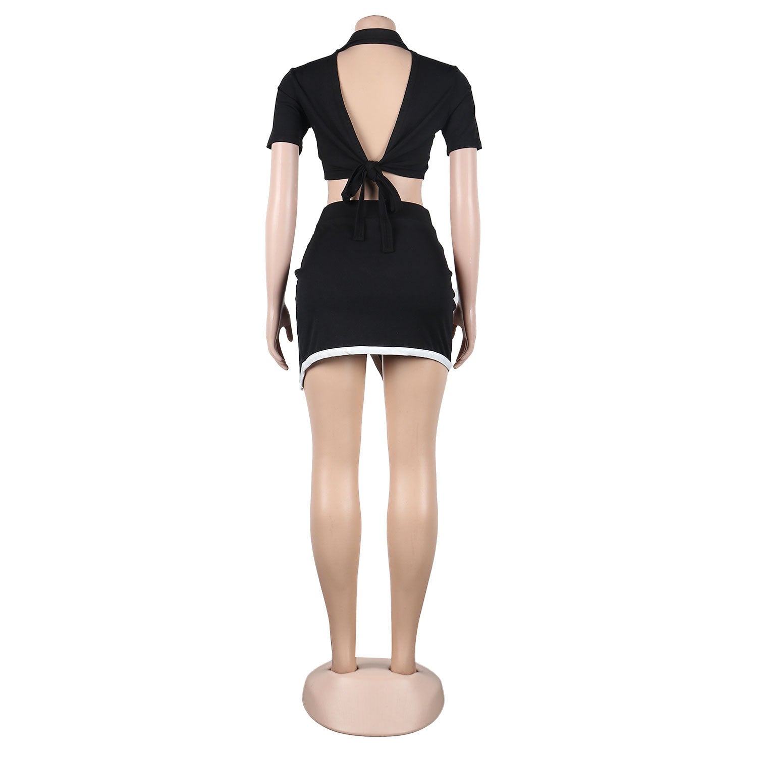 Women Sexy Turndown Collar Short Sleeve Top and Skirt Two-piece Set 12