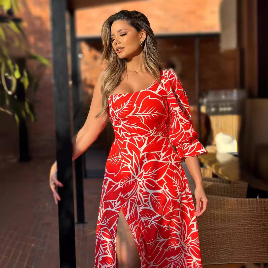 Slash-Shoulder Chic Women's Bubble Half-Sleeve High Slit Sexy Long Dress 3