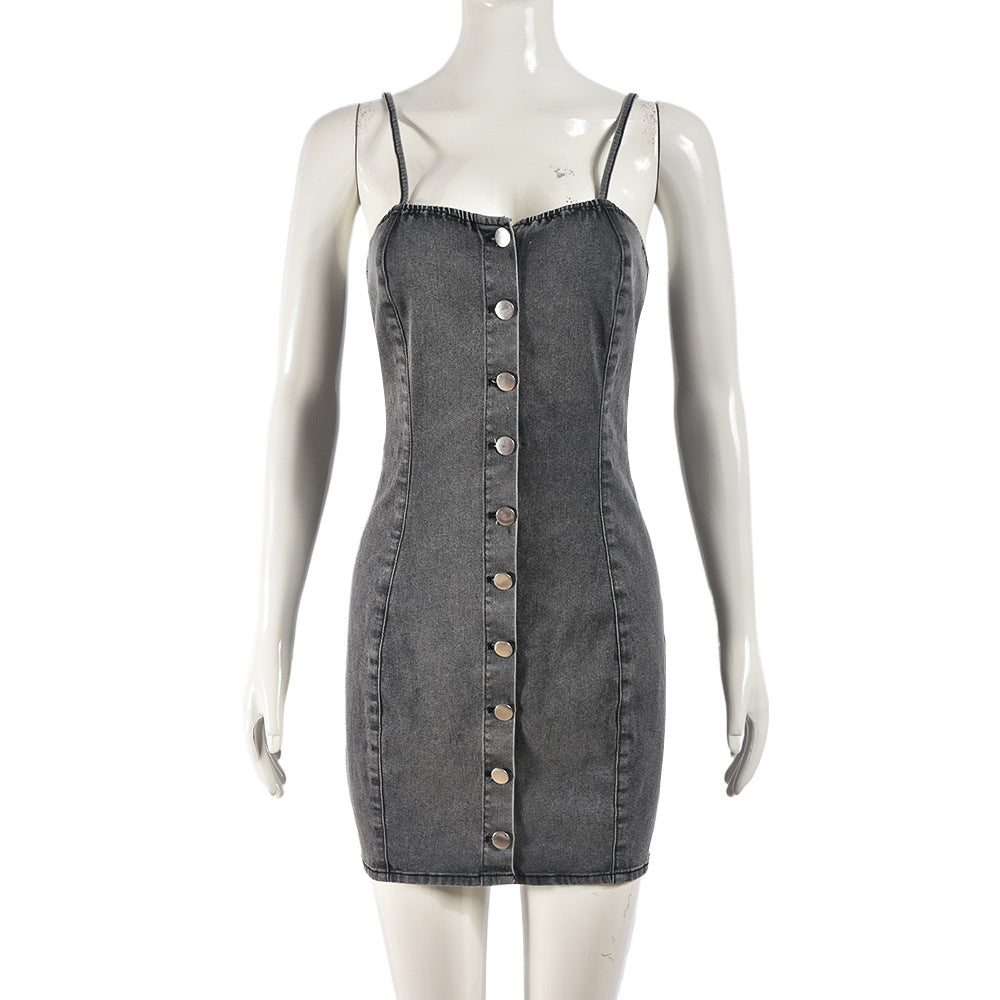 Elastic Denim Strap Single-Breasted Short Bodycon Dress 6