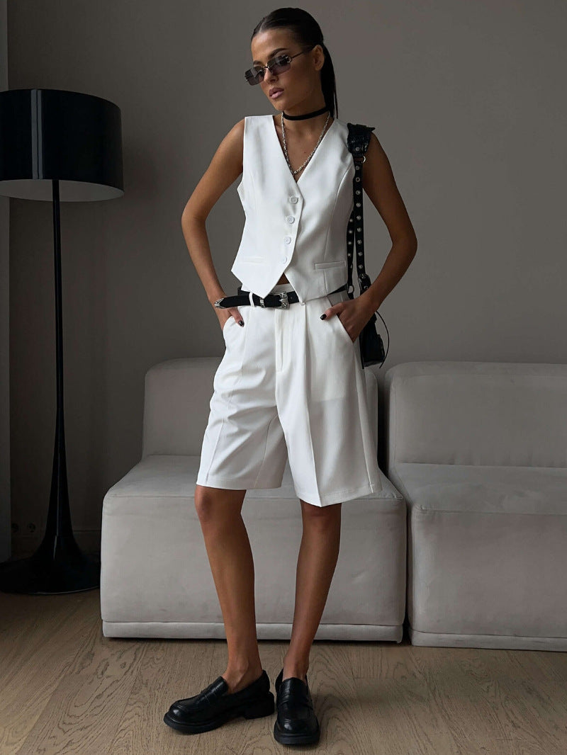 Women v-neck single-breasted vest + shorts two-piece set 3