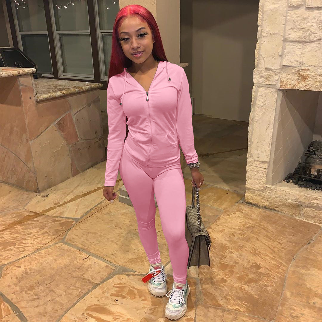 Women Summer Sports Hooded Full Sleeves Solid Pockets Regular Two Piece Pants Set 3