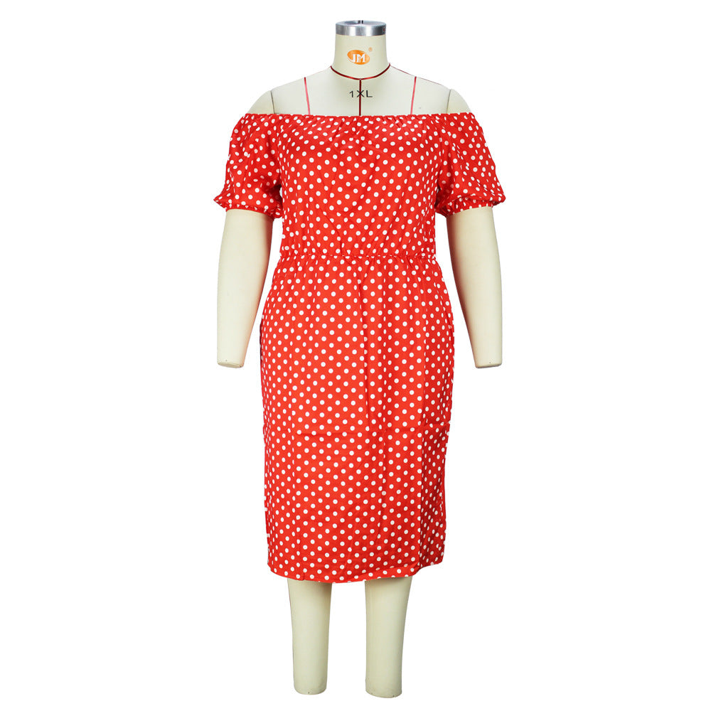 Summer Red Polka Dot Print Puff Sleeve Plus Size Off Shoulder Chic High Dress 8