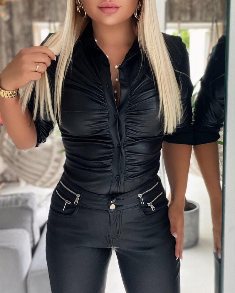 Women Long Sleeve Turndown Collar Shirt 3