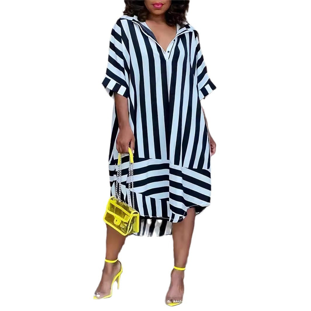 Plus Size Women Summer Striped Printed Short Sleeve Loose Casual Shirt Dress 6