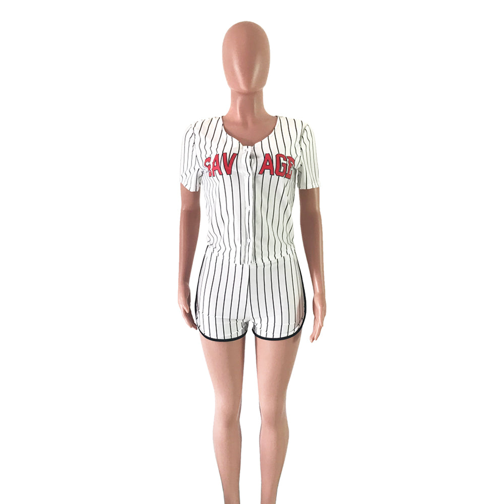 Women Sexy Women Striped Letter Baseball Top and Skirt Two-piece Set 50