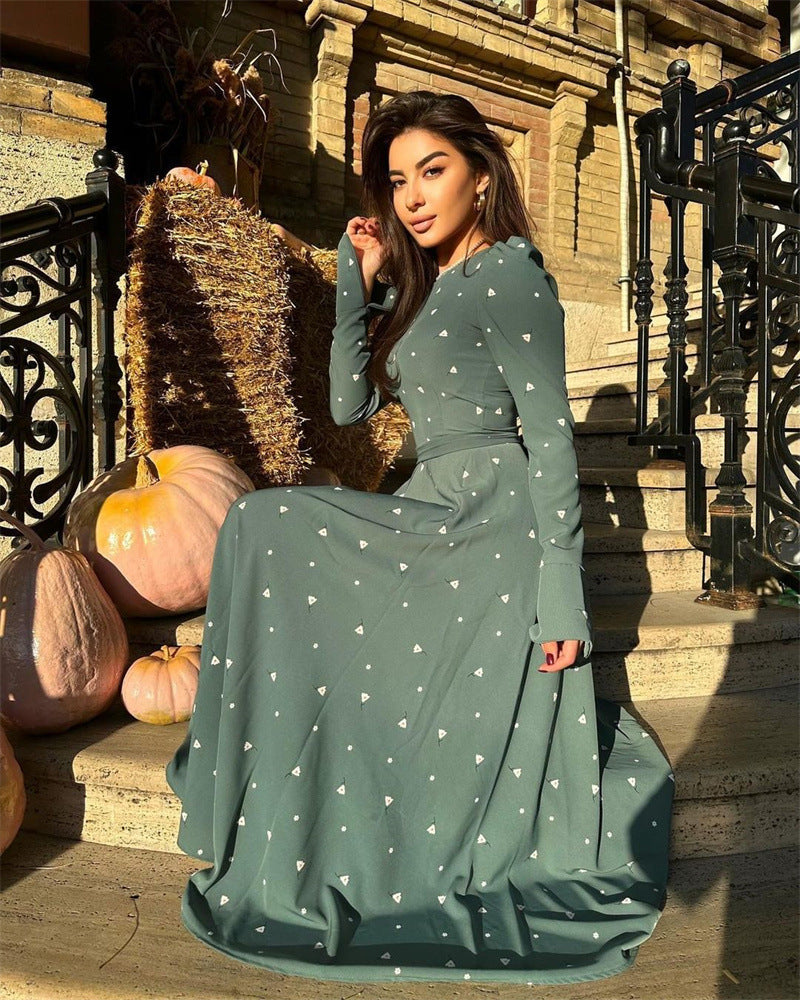 Autumn Fashion Chic Printed Long Sleeve High Waist Belted Women's Long Dress 4