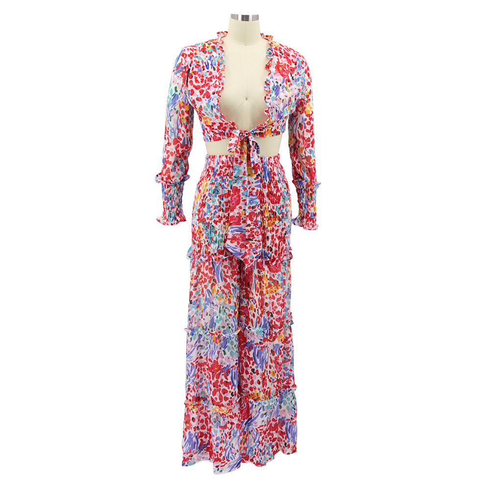 Women chiffon irregular printed long-sleeved top and wide-leg pants Casual two-piece set 28