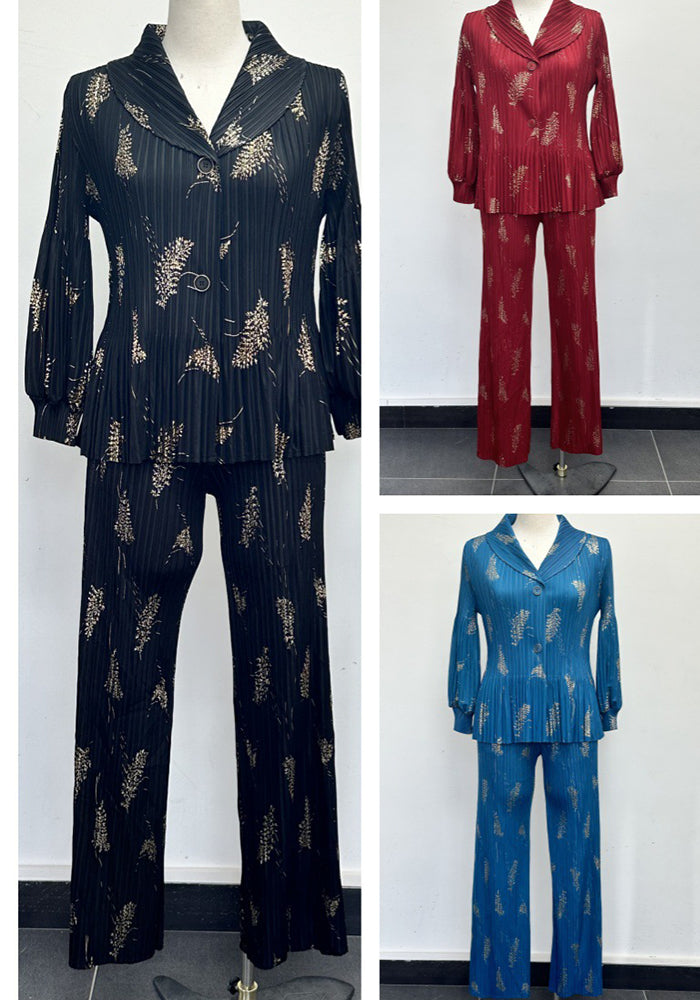 Plus Size Women Casual Pleated Blazer and Pants Two Piece Set
