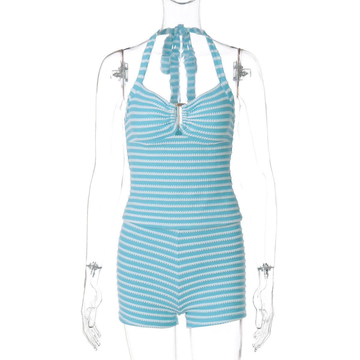 Women Summer Sexy Backless Lace-up Top Striped Shorts Two-Piece Set 6