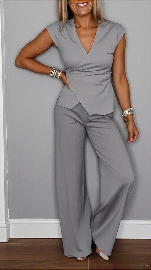 Women summer casual solid v-neck sleeveless top and pants two-piece set 14