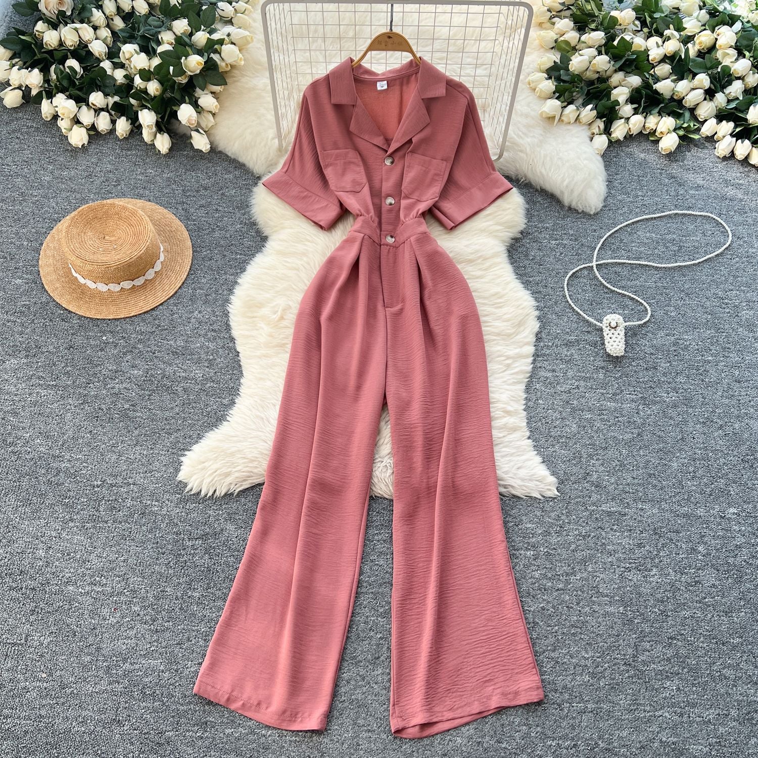 Summer Chic Turn-down Collar Button High Waist Jumpsuit 16