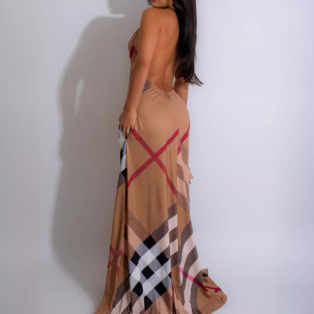 Women Sexy V-Neck Halter Neck Lace-Up Striped Print Sleeveless Casual Dress 4