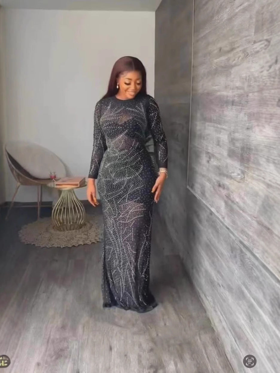 Women Long-Sleeved See-Through Mesh Beaded Sexy Bodycon Dress 6