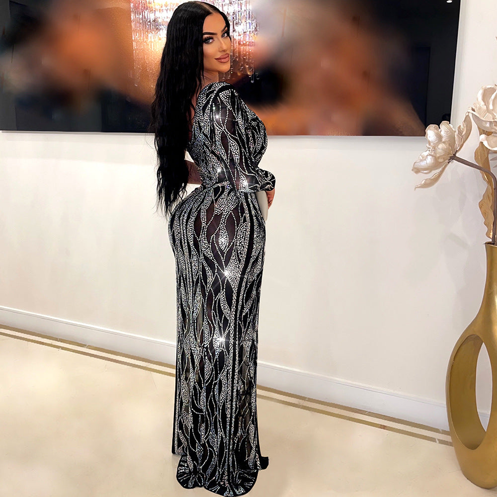 Women Sexy See-Through Beaded Long Sleeve Dress 6