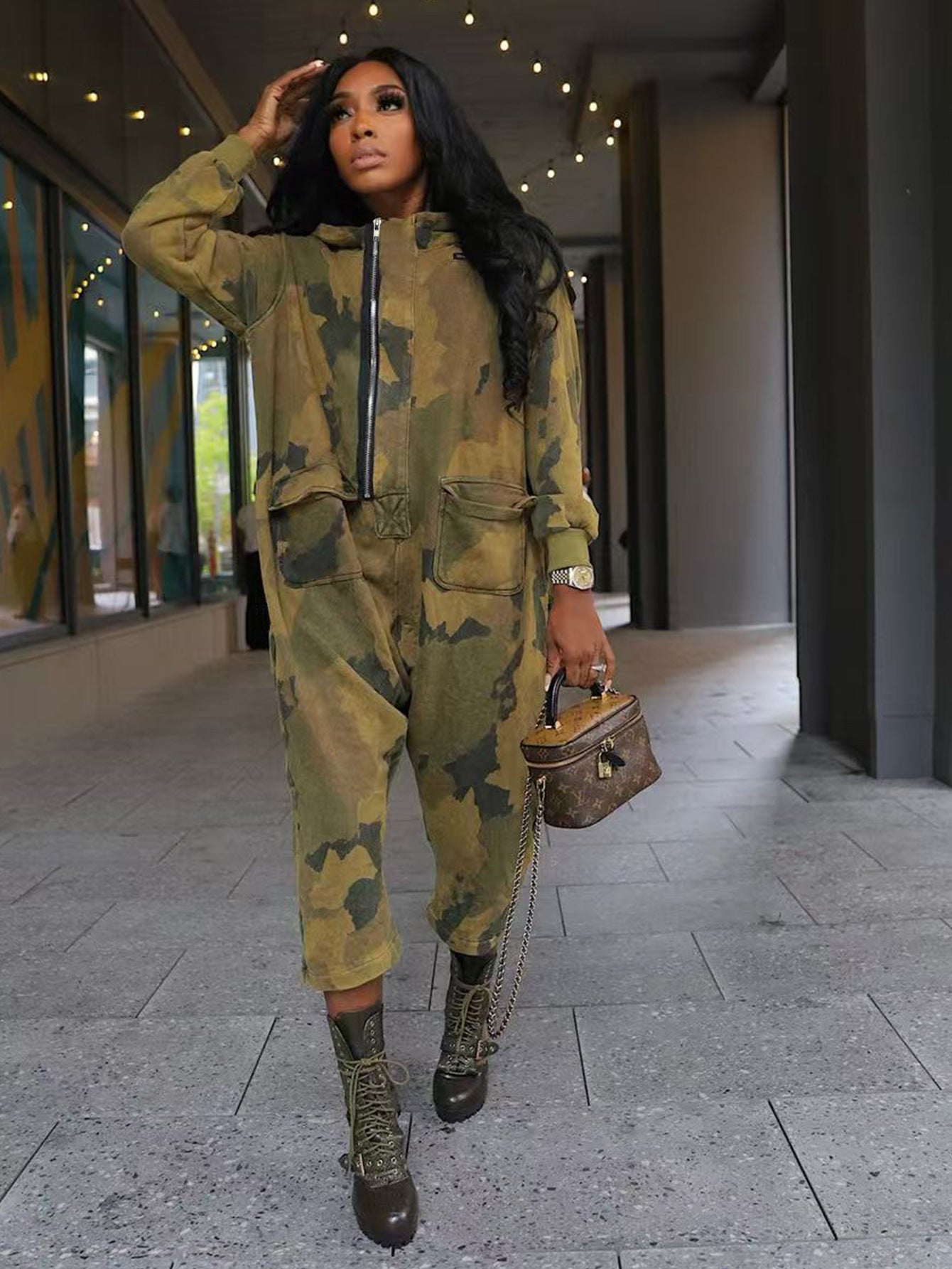 Women's Casual Fashion Multi-Pocket Zipper Camouflage Jumpsuit