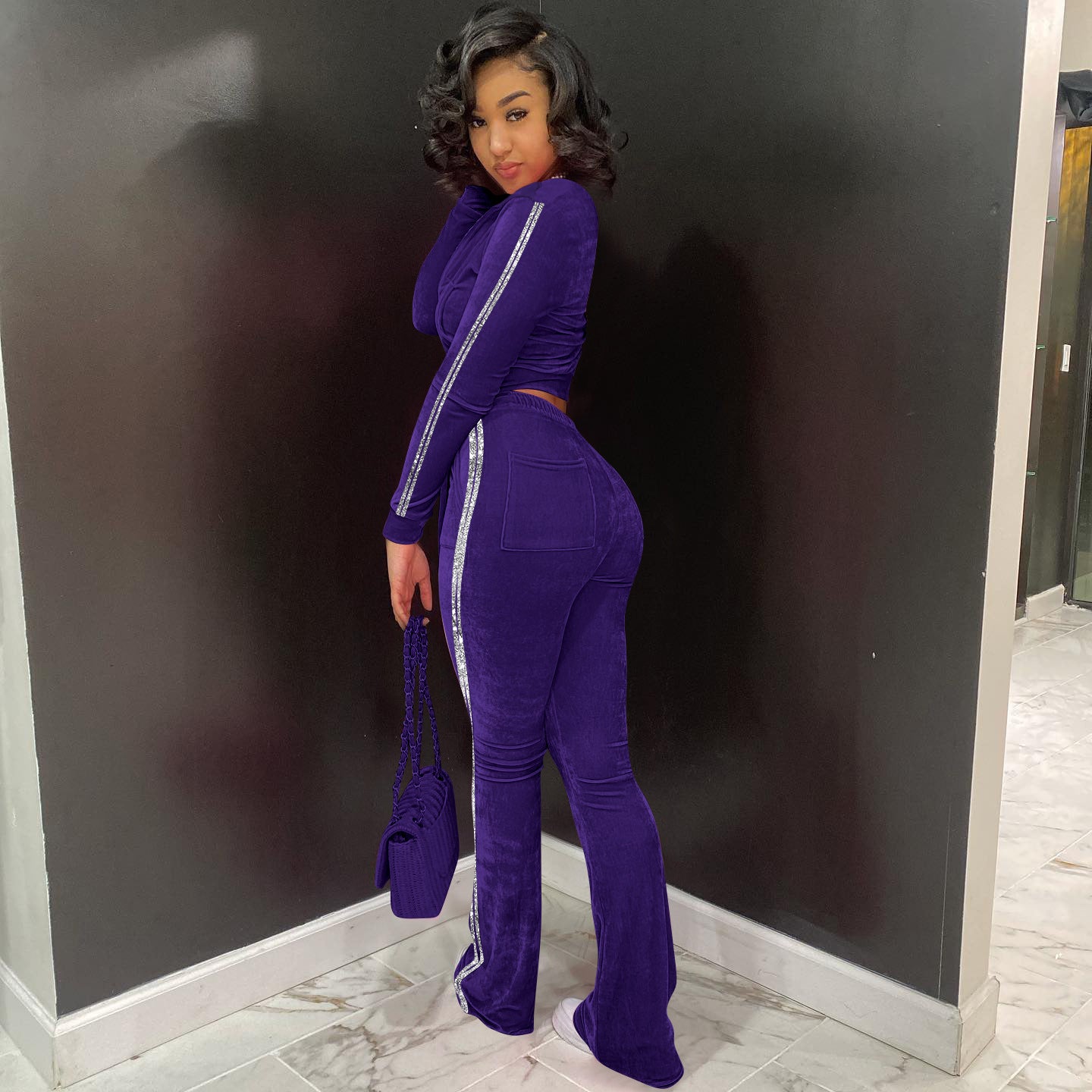 Women's Solid Velvet Casual Zip Top Wide Leg Pants Two Piece Tracksuit 18