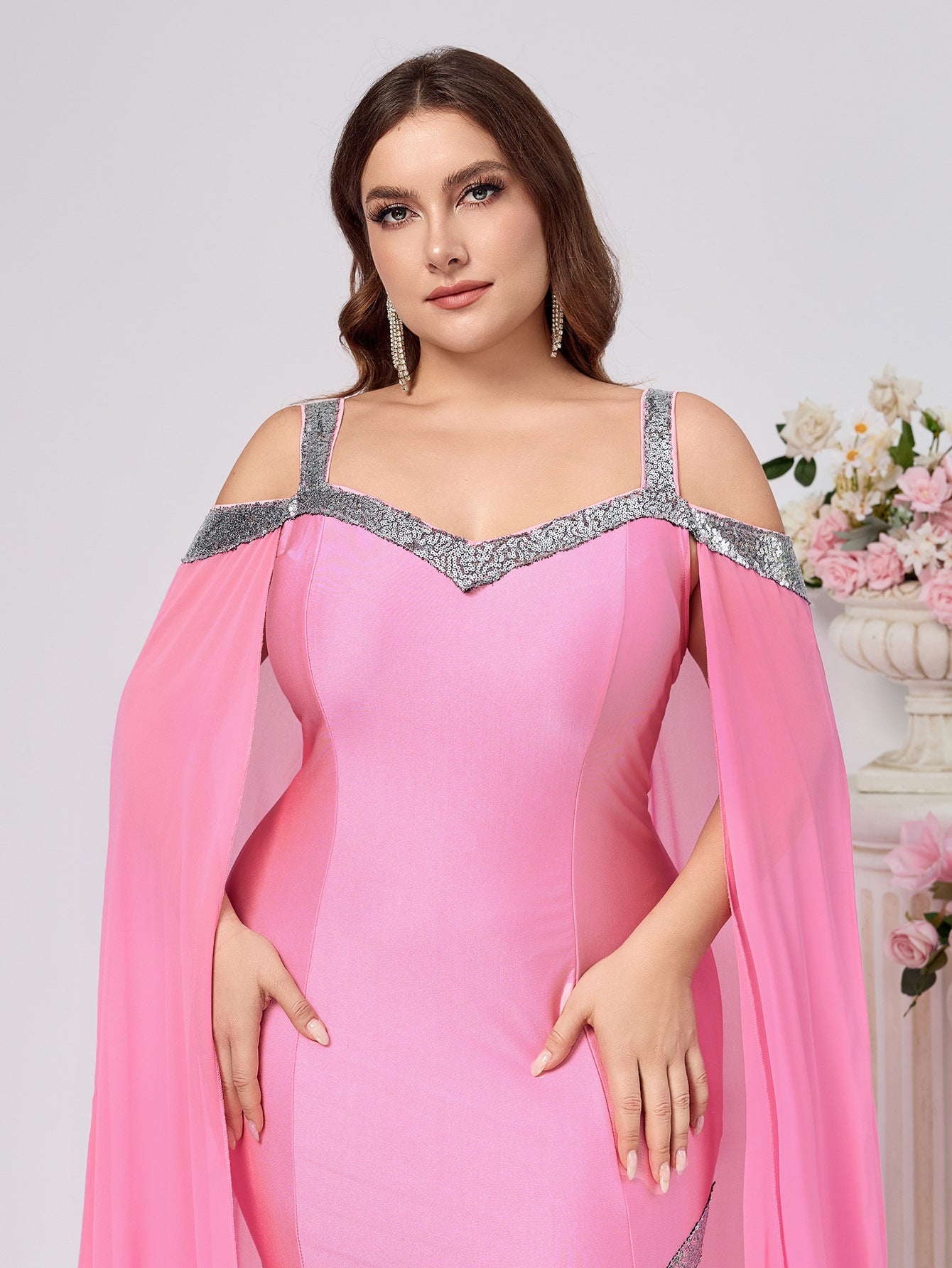 Plus Size Women Suspender Sequin Solid Trailing Evening Dress 4