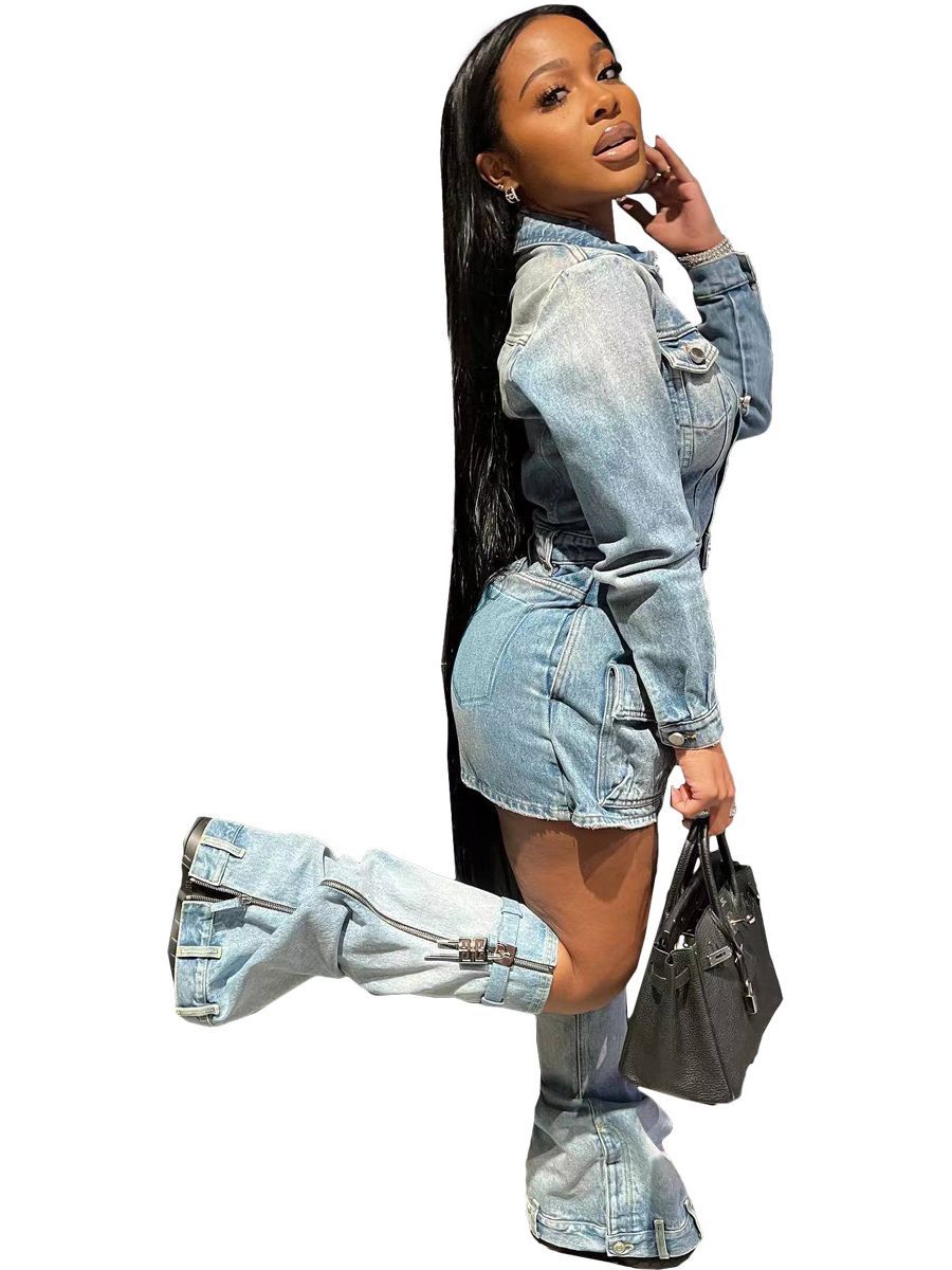 Feminine Multi-Pocket Washed Denim Dress (Including Cuffs) 5