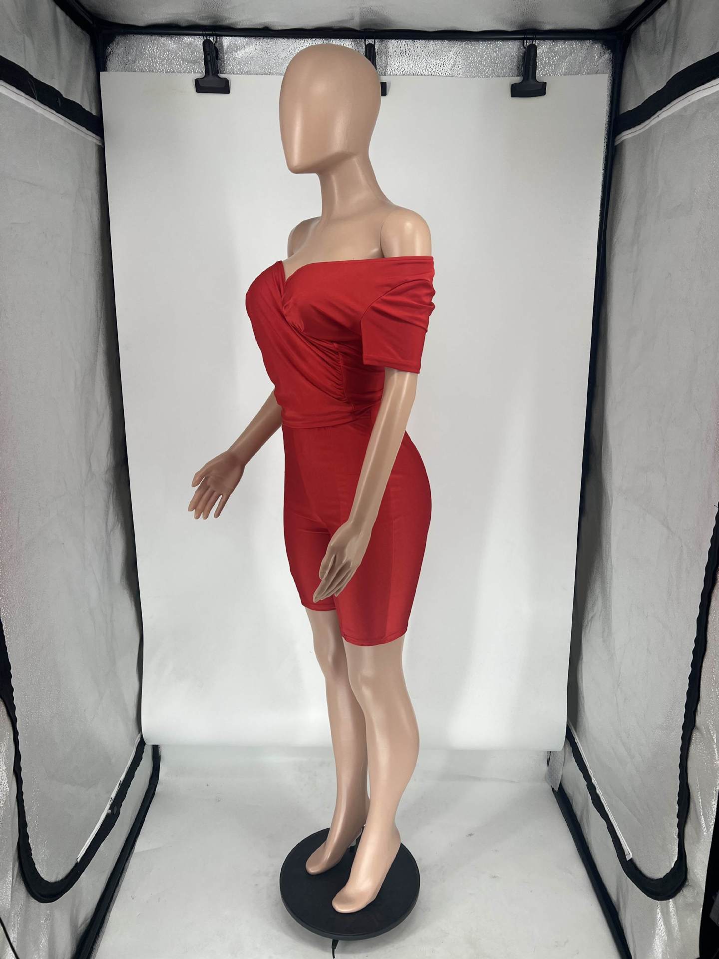 Women's Summer Cross V Neck Short Sleeve Top Elastic Shorts Casual Two Piece Set 23