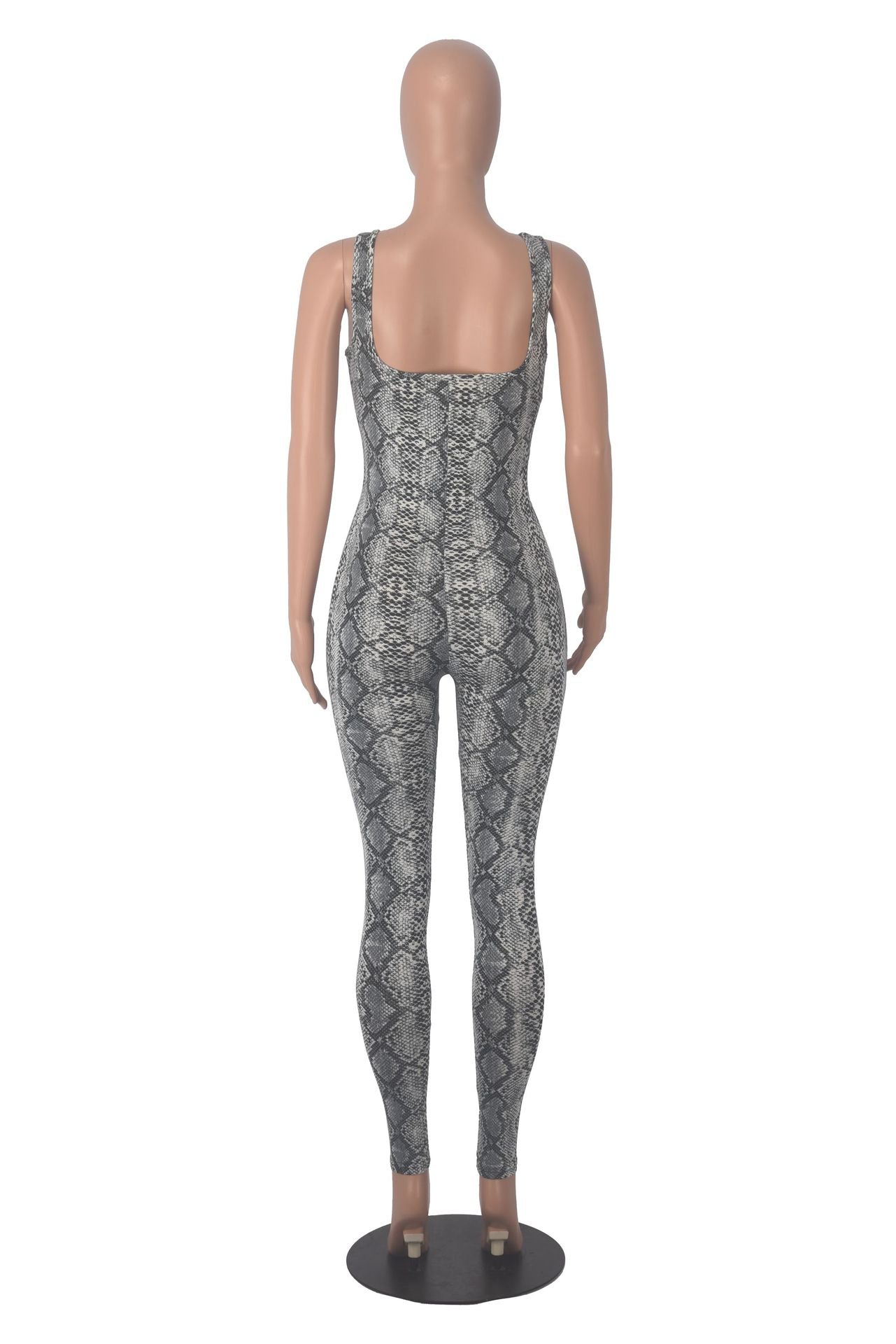 Women's Printed Sleeveless Ribbed Square Neck Low Back Slim Fit Jumpsuit 31