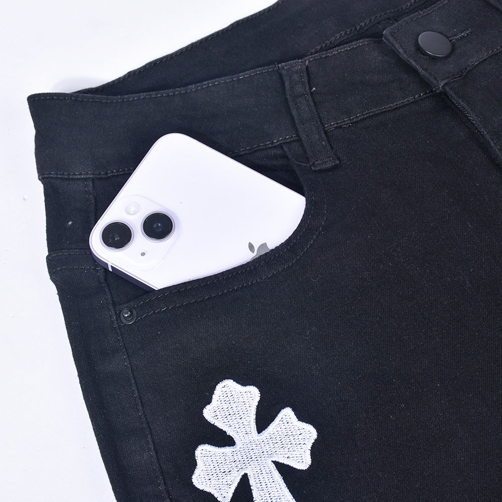 Sexy Low Rise Denim Embroidered Cutout Style Stretch Tight Fitting Pants 25