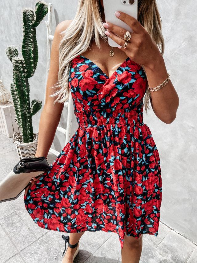 Summer Fashion V-Neck Floral Strap Slim Waist Casual Dress 3