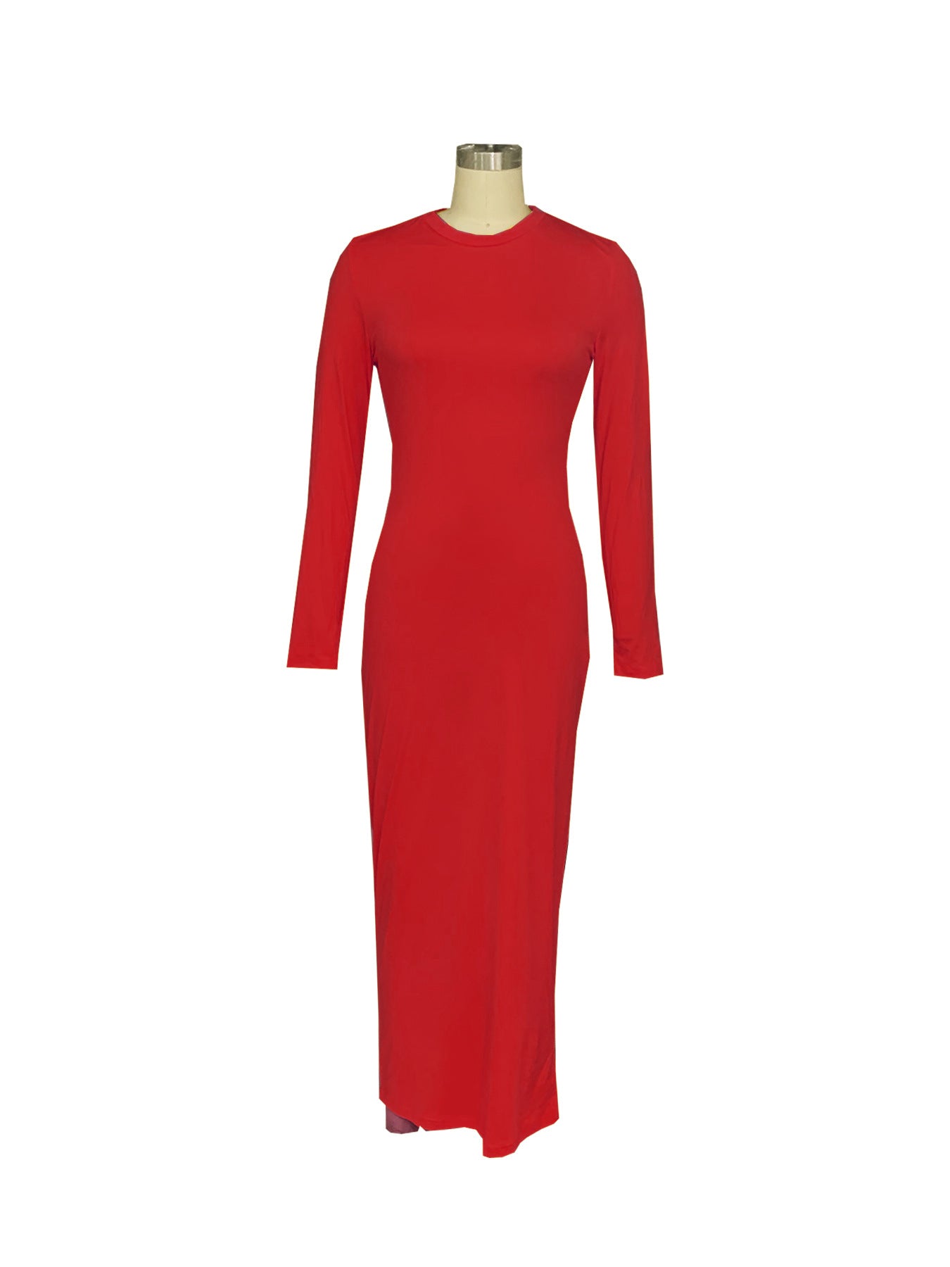 Women's Fashion Sexy Solid Color Round Neck Long Sleeve Slim Long Dress 15