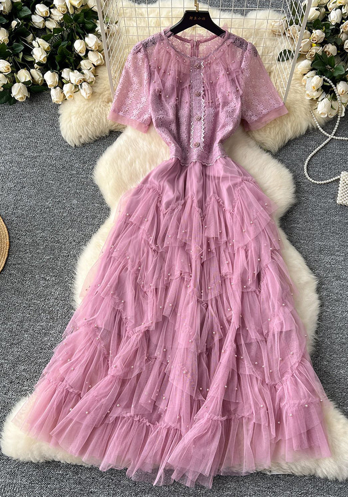 Women French Beaded Embroidered Short Sleeve Puffy Mesh Dress