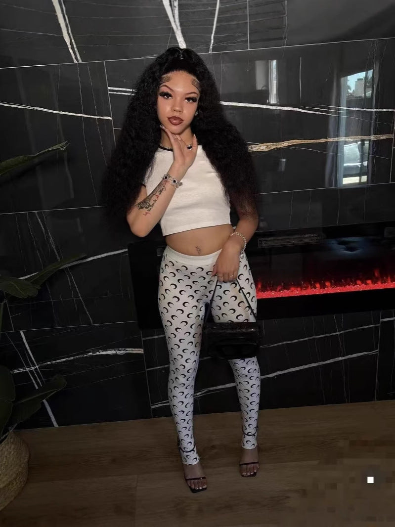 Women Trendy Printed Stretchy Basic Top and Long Pants Two-Piece Set 4