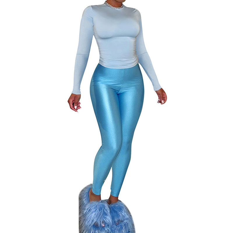 Women Round Neck Long Sleeve Top Pants Casual Two Piece Set 8