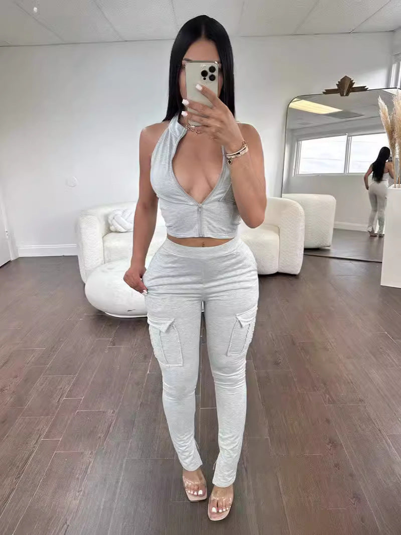 Women's Casual Sports Tight Fitting Zipper Top Butt Lift Pants Two Piece Set 6