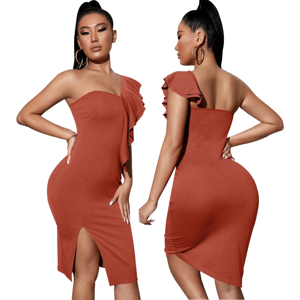 Women Sexy Solid One Shoulder Ruffle Dress 5