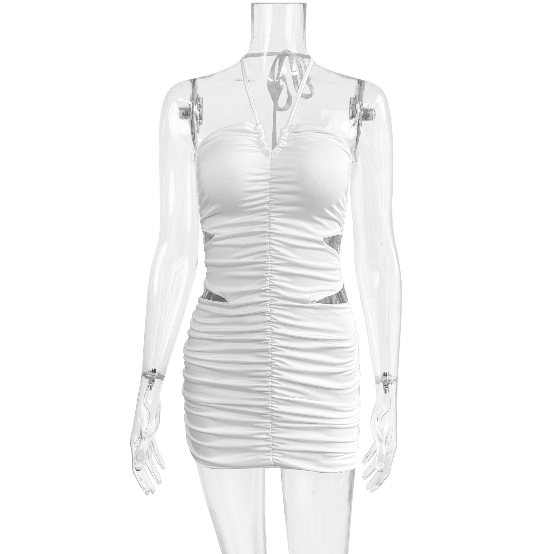 Women summer pleated sleeveless Halter Neck sexy hollow bodycon dress 8