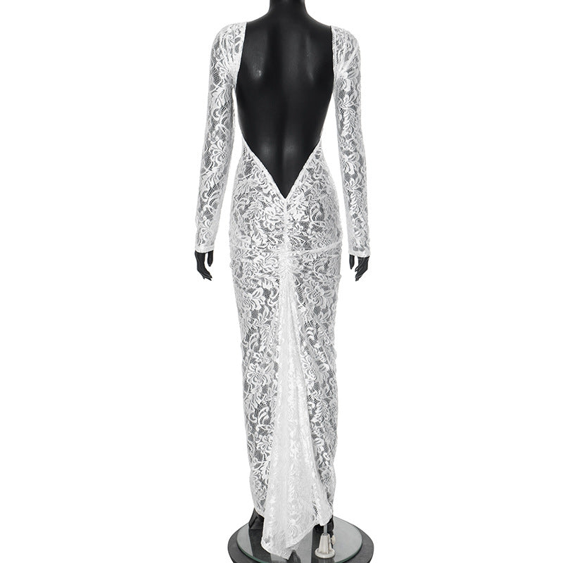 Women Lace Patchwork See-Through Backless Gathered Bodycon Dress 10