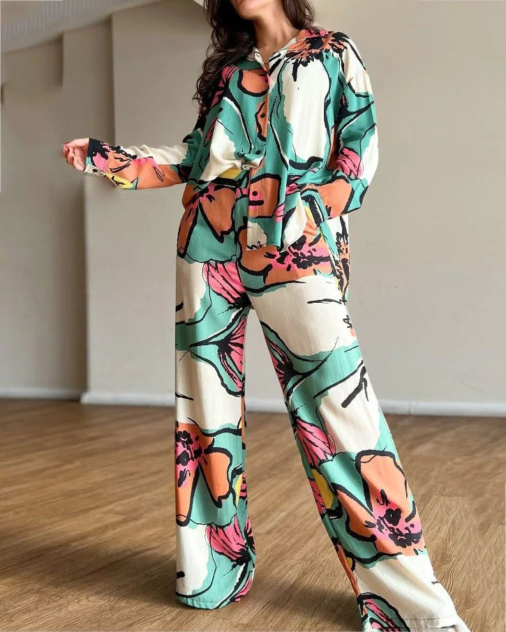 Chic Women's Plus Size Print Career Shirt High Waist Wide Leg Pants Two Piece Set