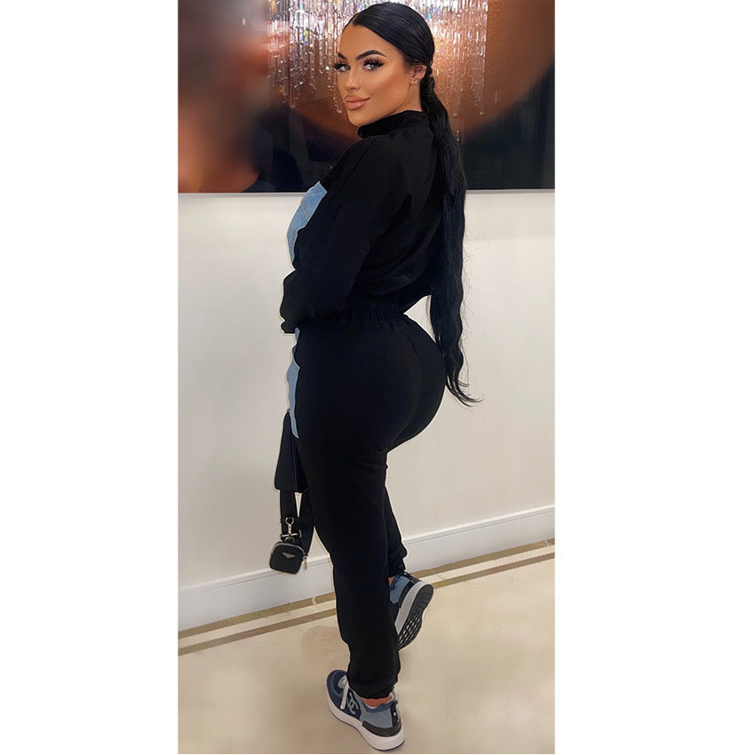 Women's Autumn And Winter Fashion Patchwork High Collar Open Waist Two-Piece Pants Set 4